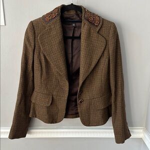 Brown Tweed Blazer with Embroidered Collar